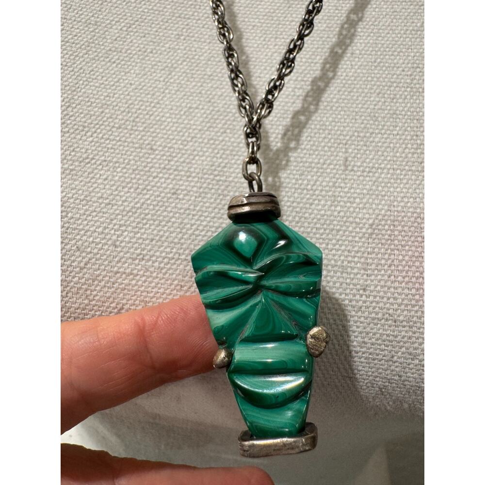 Malachite Carved Sterling Silver Pendant Mans Tribal Face Modernist Scarf Slide
